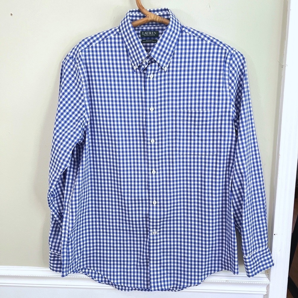 Lauren Ralph Lauren Shirt‎ Mens L 16-16.5 Performance Stretch Gingham Blue White